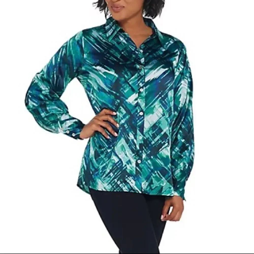 Dennis Basso Printed Stretch Charmeuse Button Top